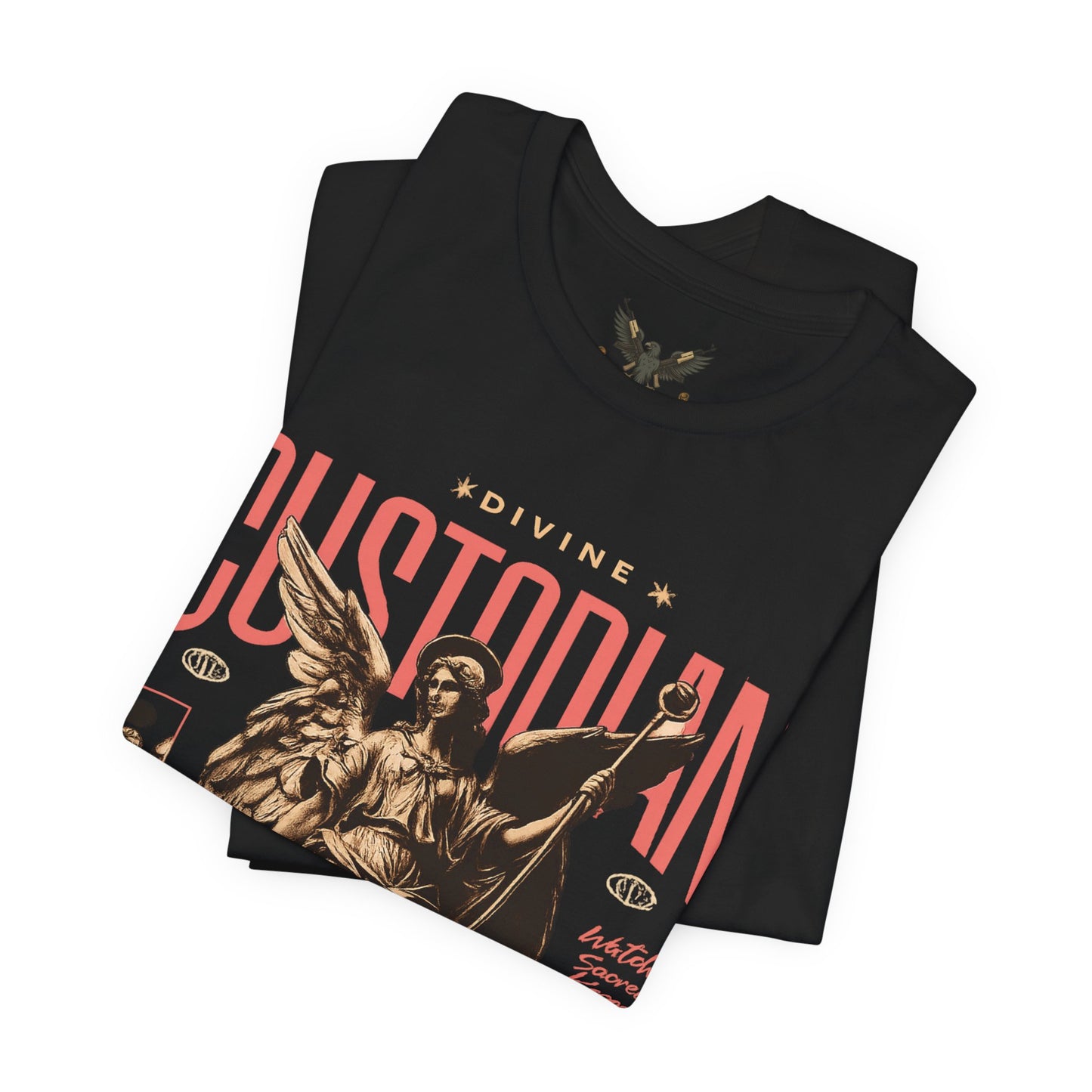 Custodian Angel Statue Graphic Tee — Vintage Religious Winged Guardian T-Shirt
