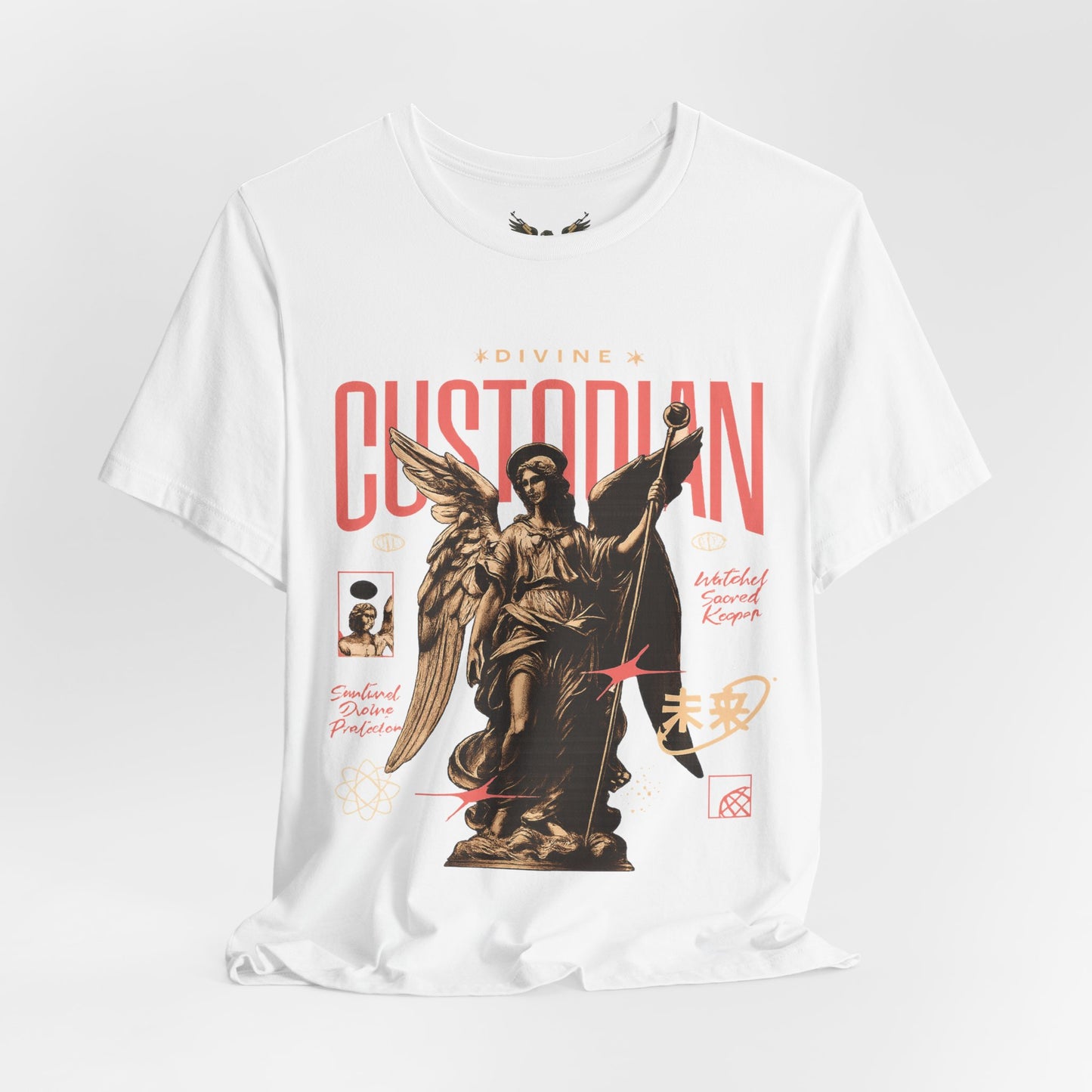 Custodian Angel Statue Graphic Tee — Vintage Religious Winged Guardian T-Shirt